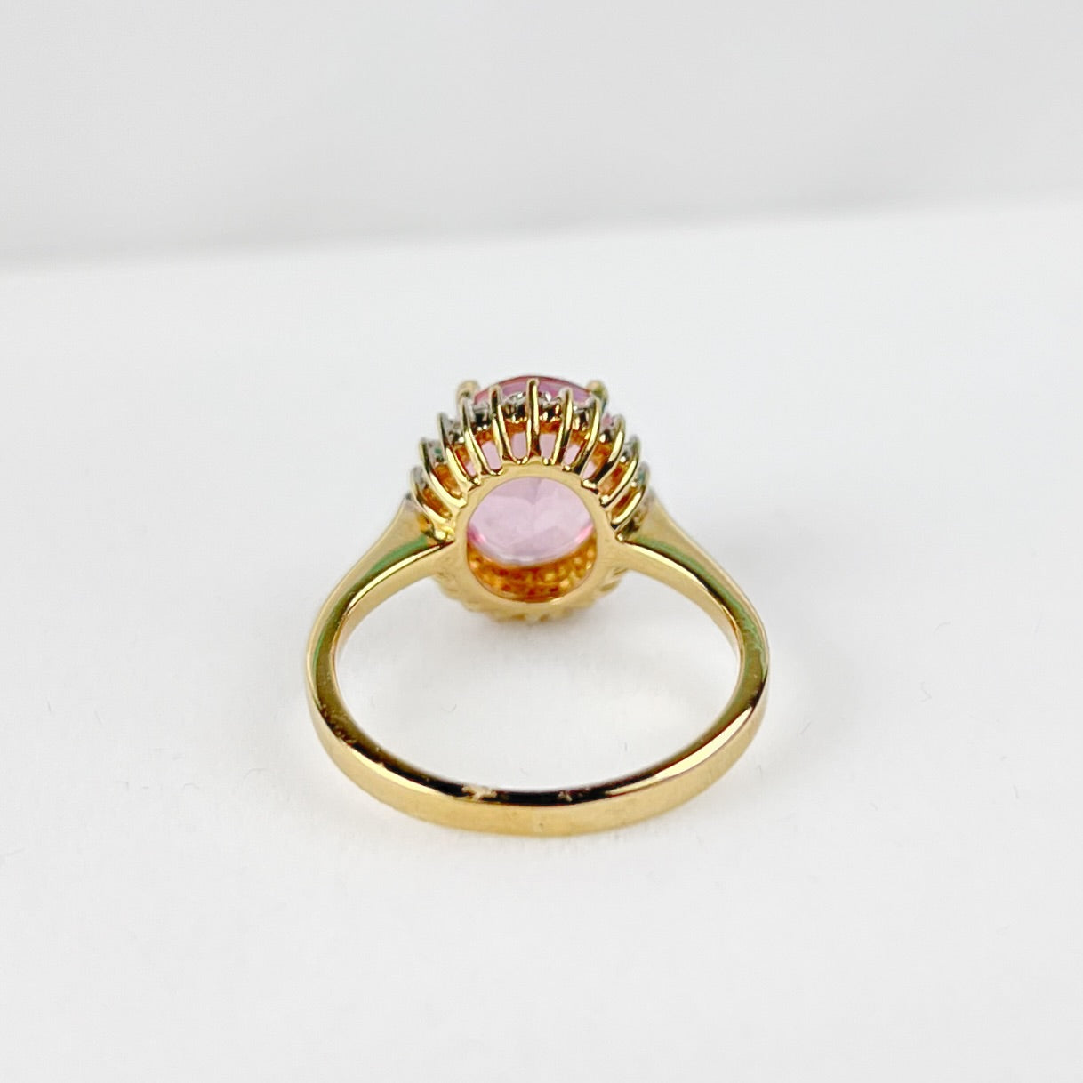 Vintage 9ct Yellow Gold Pink Topaz and Diamond Halo Dress Ring - Size J ½