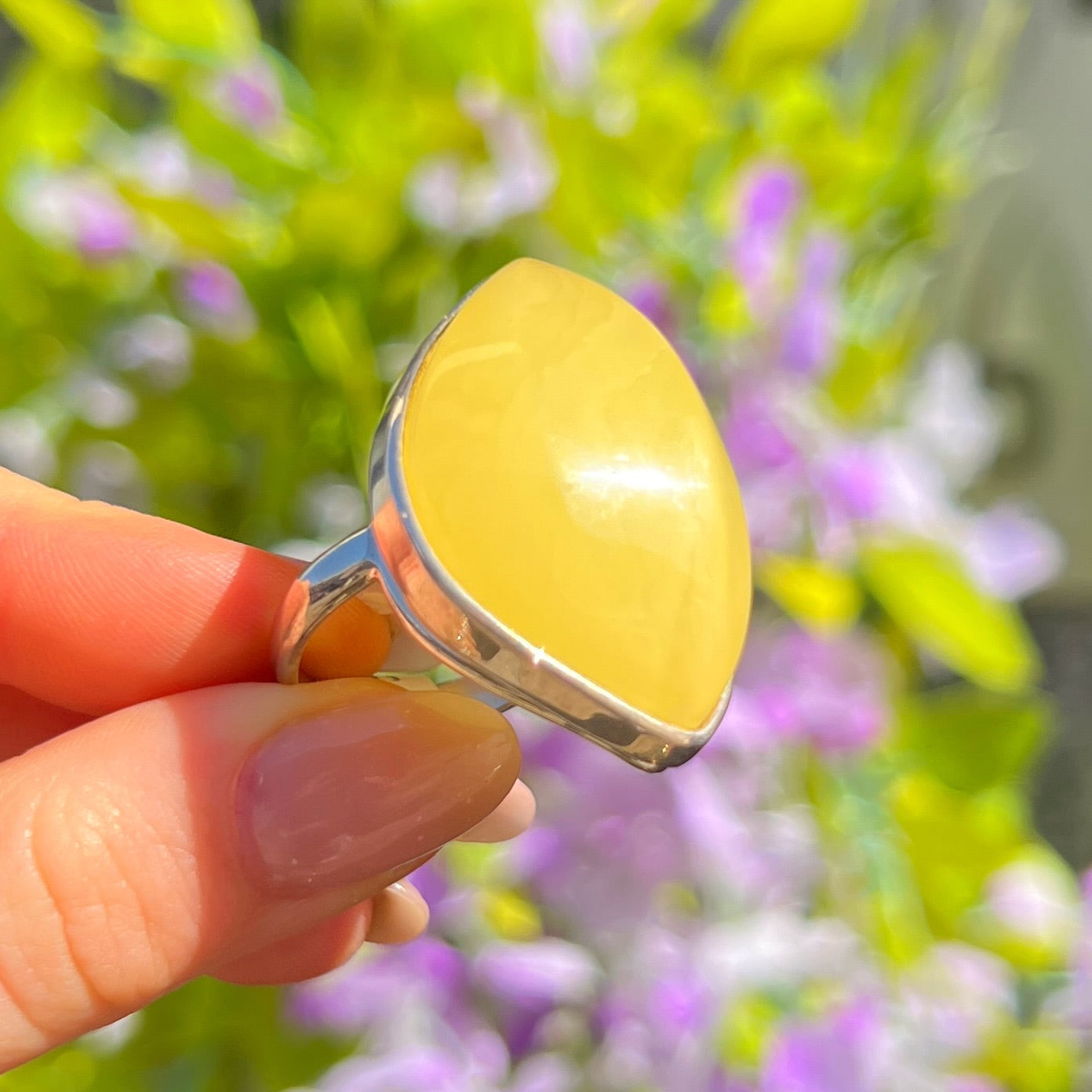 Chunky Sterling Silver Yellow Butterscotch Amber Ring - Size T