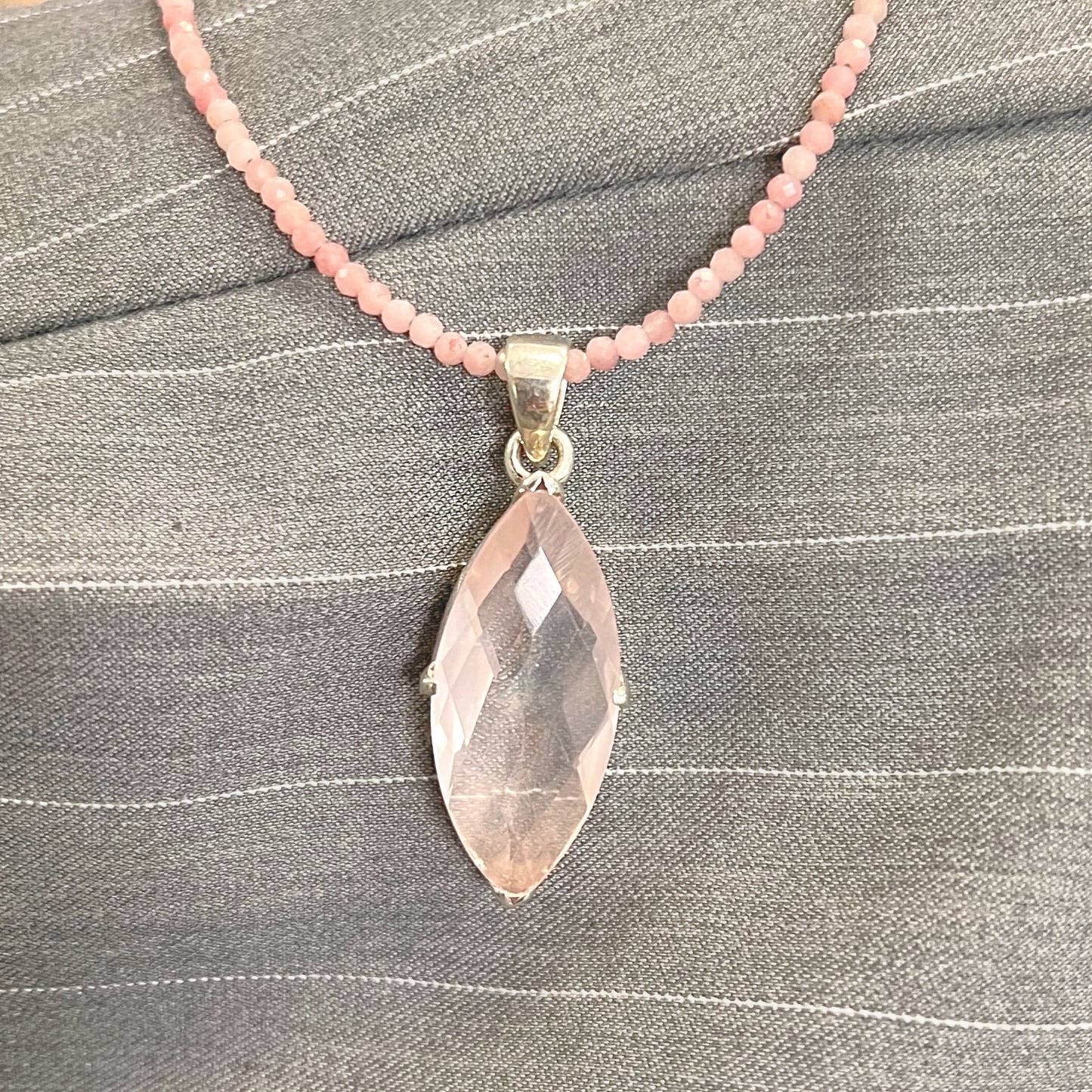 Pink Rose Quartz Marquise Cut Sterling Silver Beaded Necklace