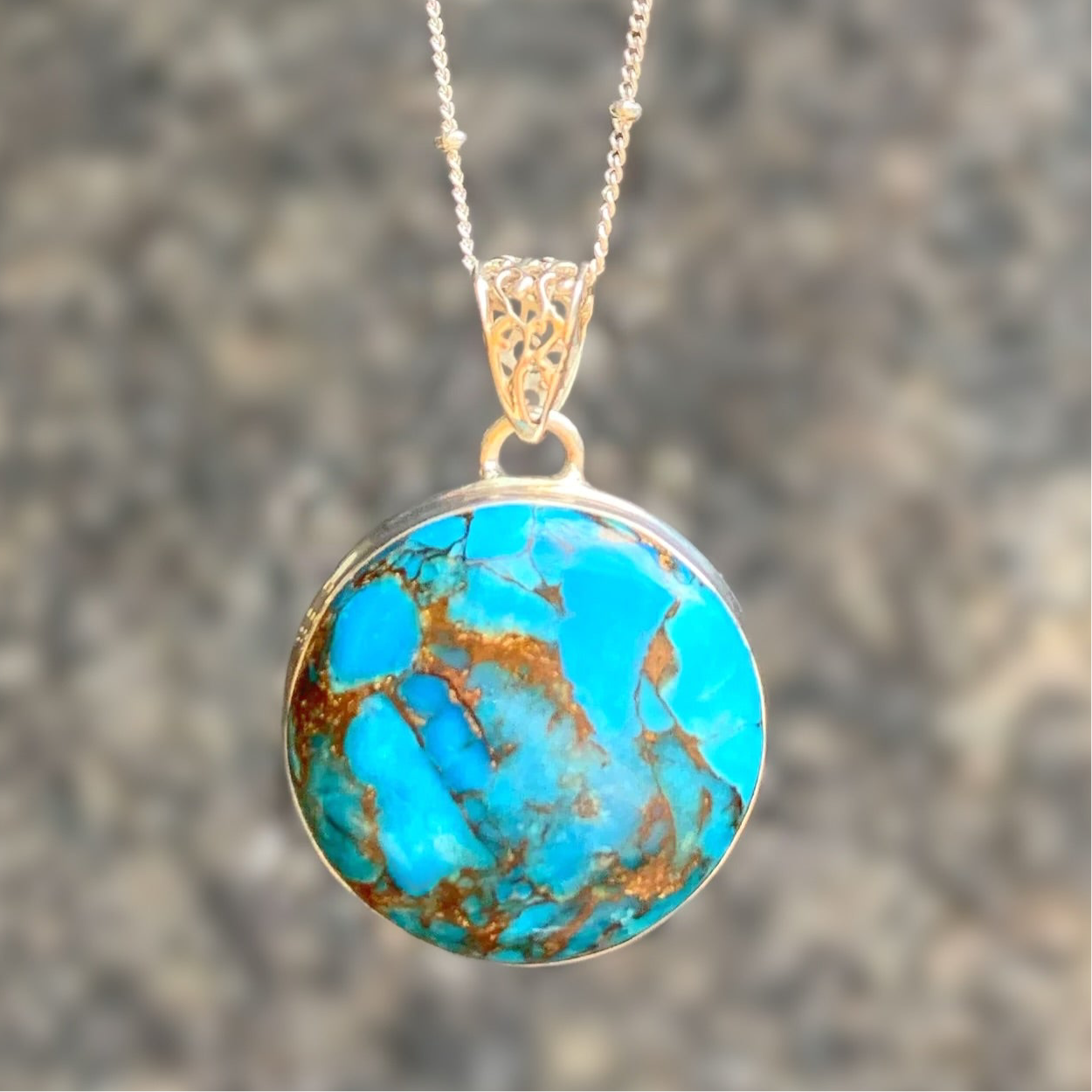 Round Bohemian Inspired Sterling Silver Turquoise Necklace