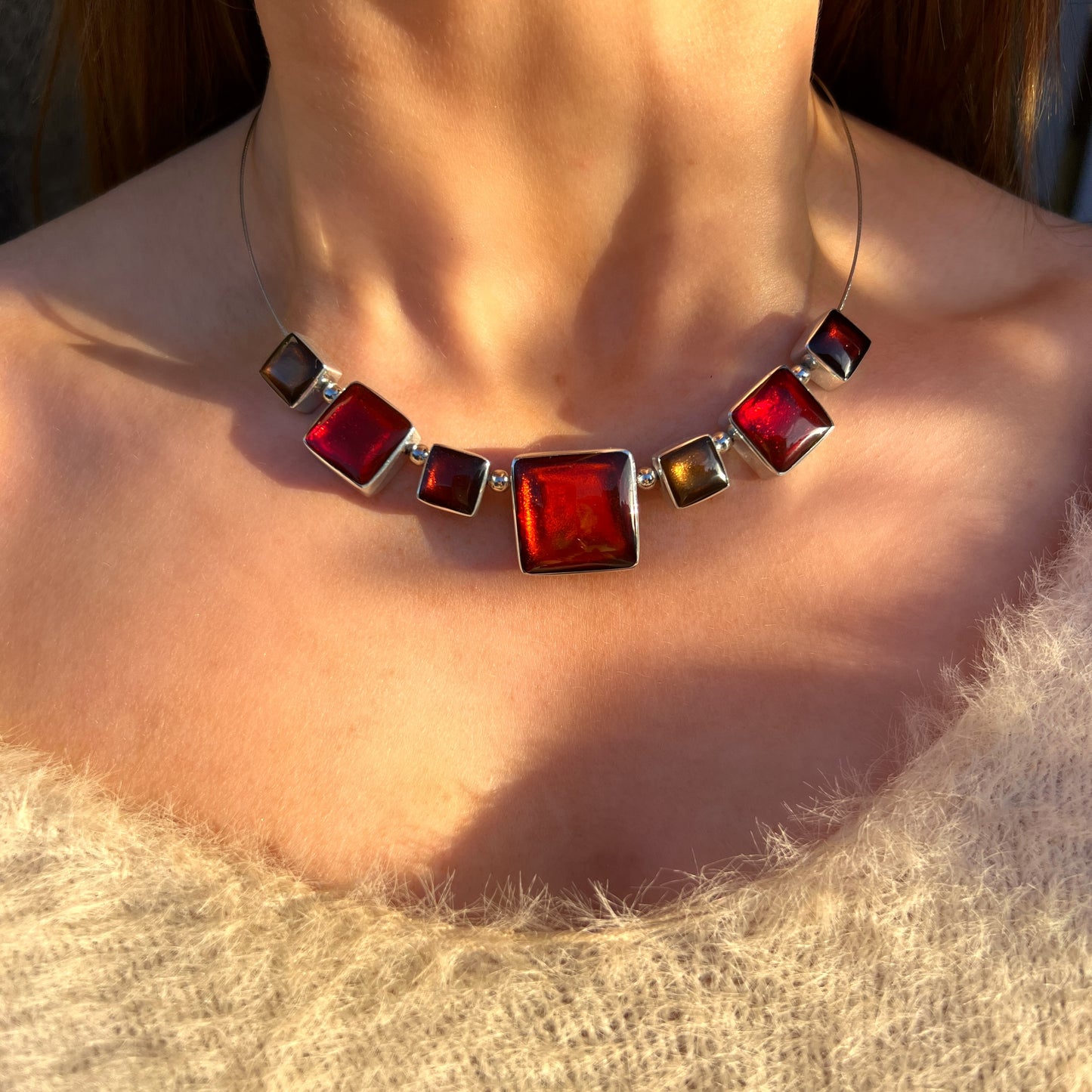 Watch This Space Red, Orange, & gold Square Necklace
