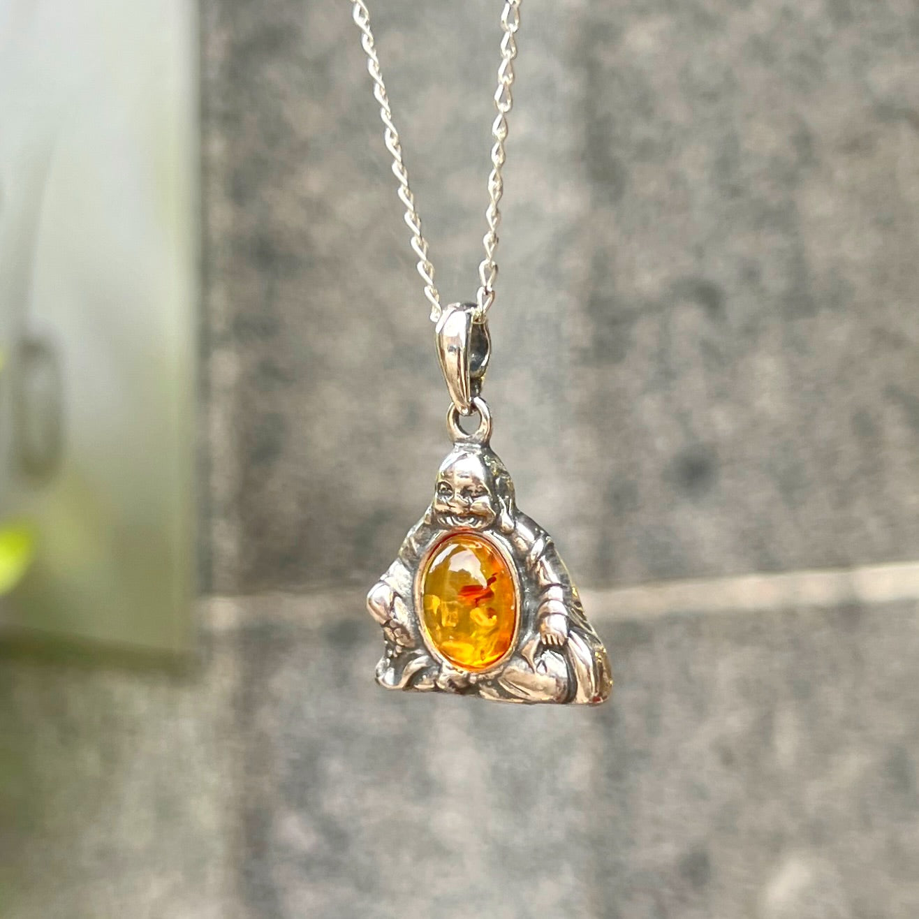 Sterling Silver Orange Amber Buddha Necklace