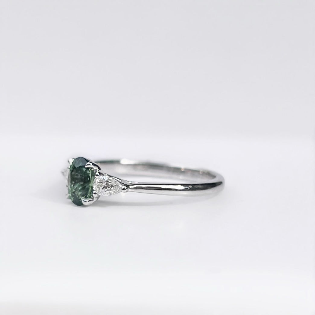 Classic Platinum Green Sapphire and Diamond Trilogy Ring - Size M 1/2