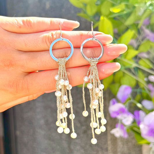 Sterling Silver Gold Thread Freshwater Pearl Tassel Drop Earrings
