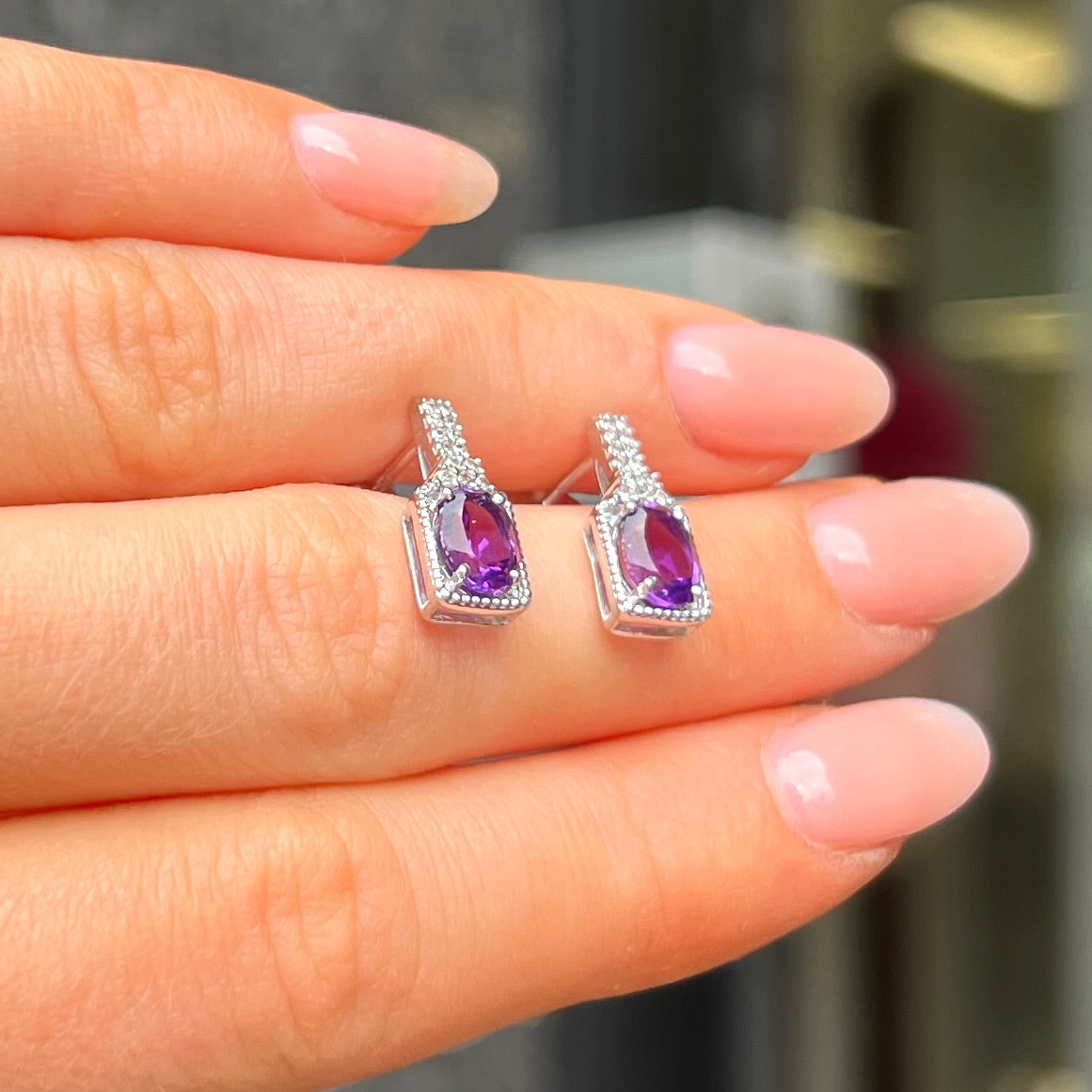 9ct White Gold Purple Amethyst & Diamond Stud Earrings