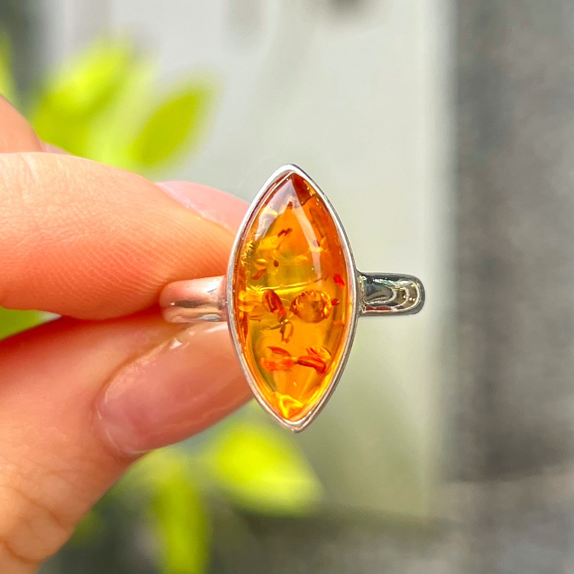 Sterling Silver Orange Amber Marquise Cut Ring - Size M