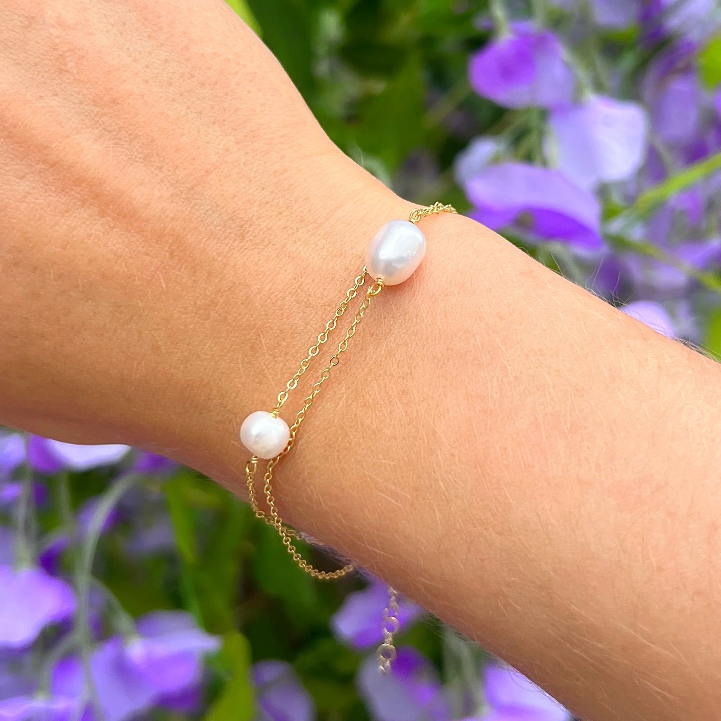 Dainty Sterling Silver 9ct Gold Plated Double Pearl Bracelet