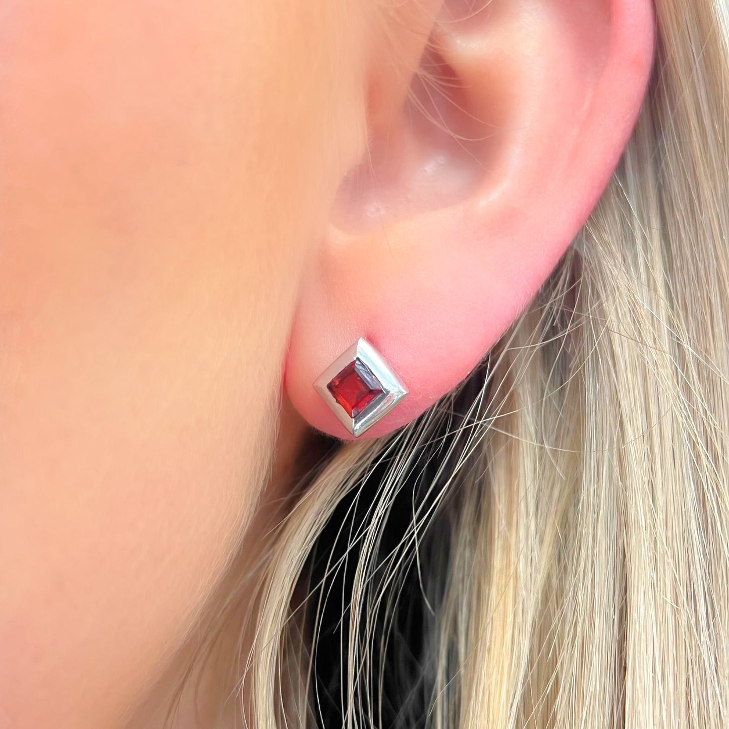 Sterling Silver Square Princess Cut Garnet Stud Earrings