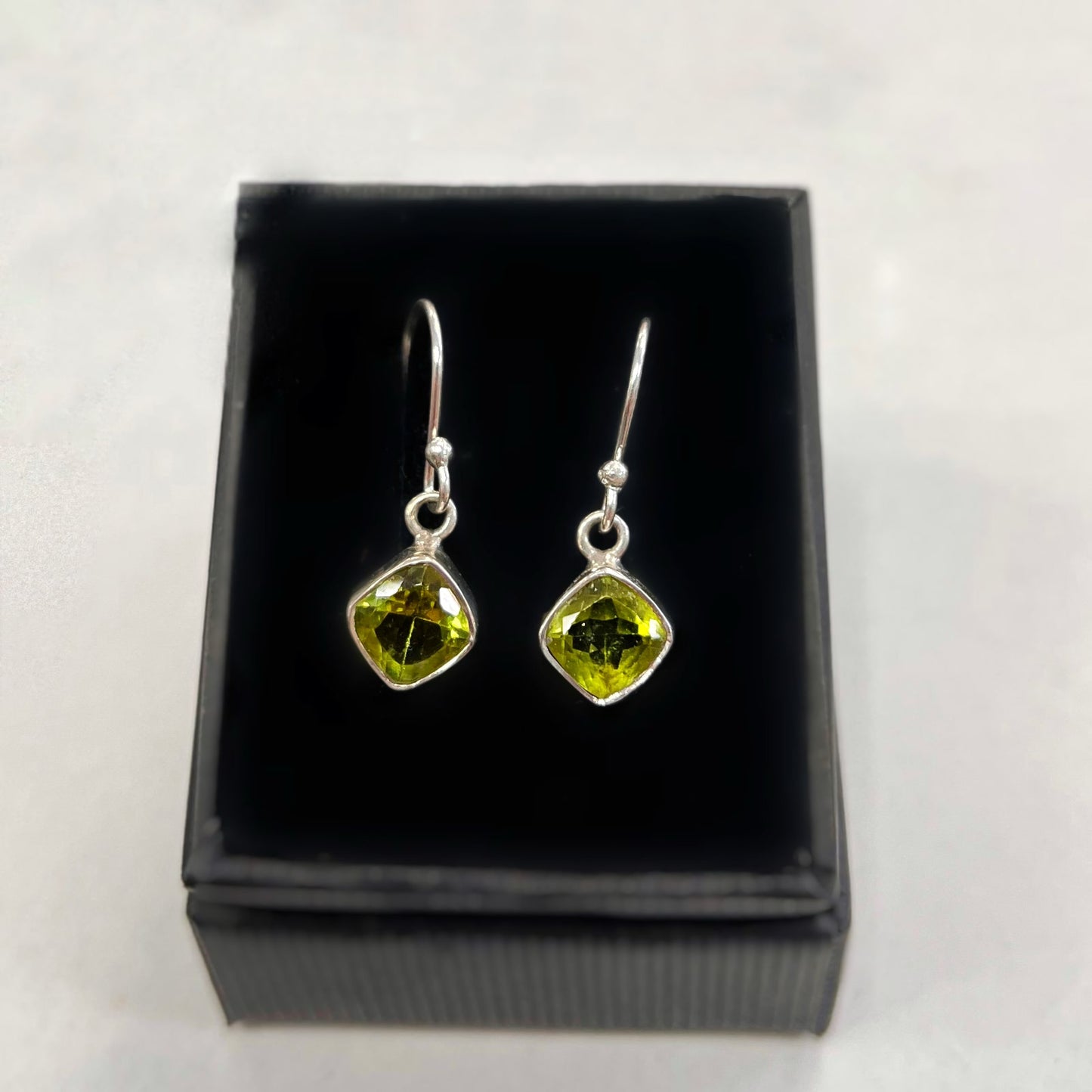 Sterling SIlver Cushion Cut Peridot Drop Earrings