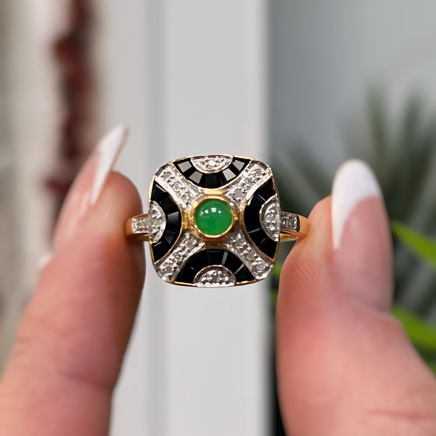 9ct Yellow Gold Jade, Onyx and Diamond Art Deco Reproduction Ring - Size O