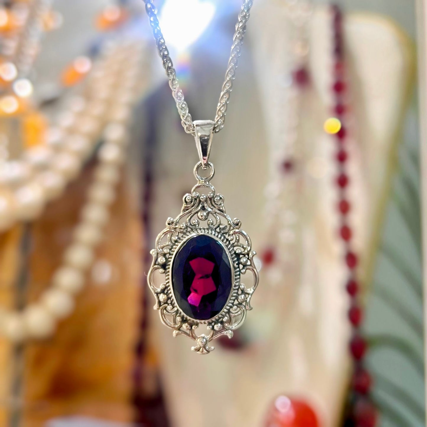 Sterling Silver Garnet Filigree Pendant