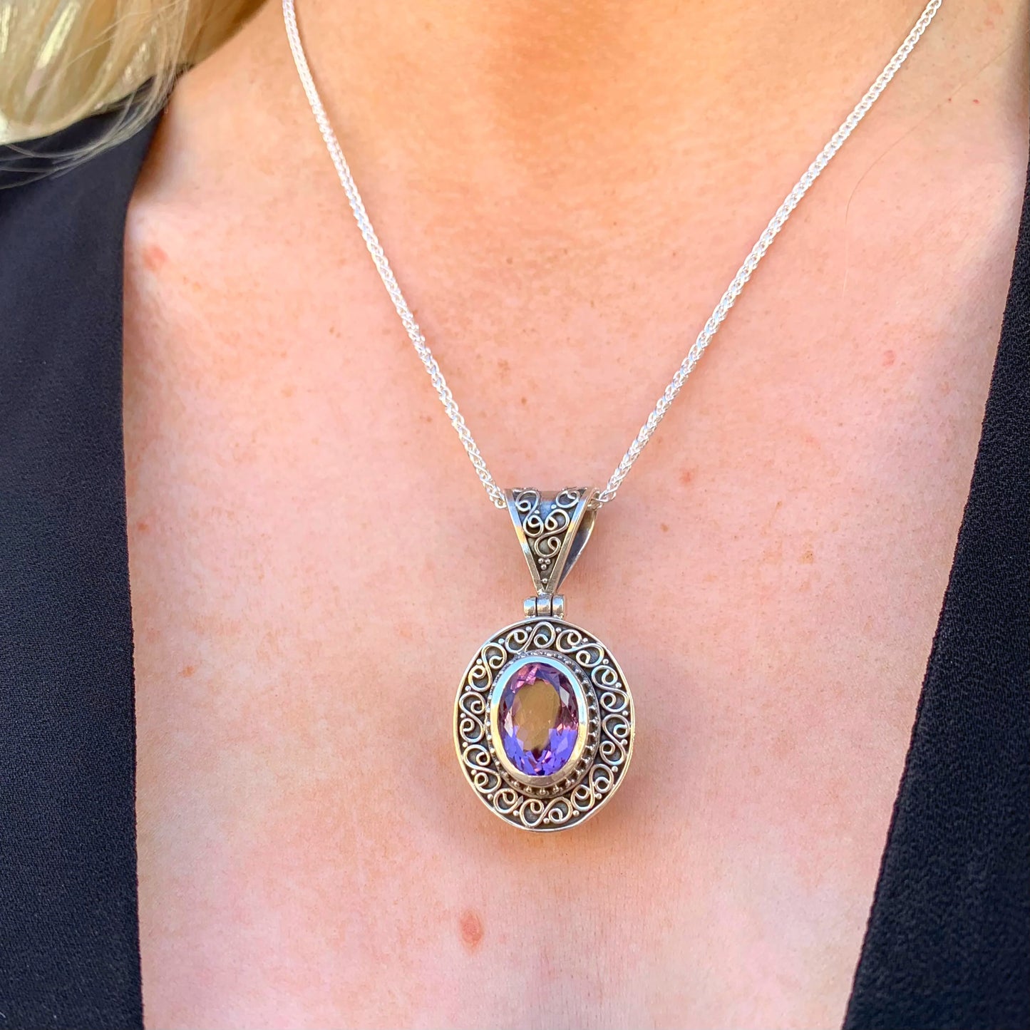 Chunky Sterling Silver Oval Purple Amethyst Filigree Pendant