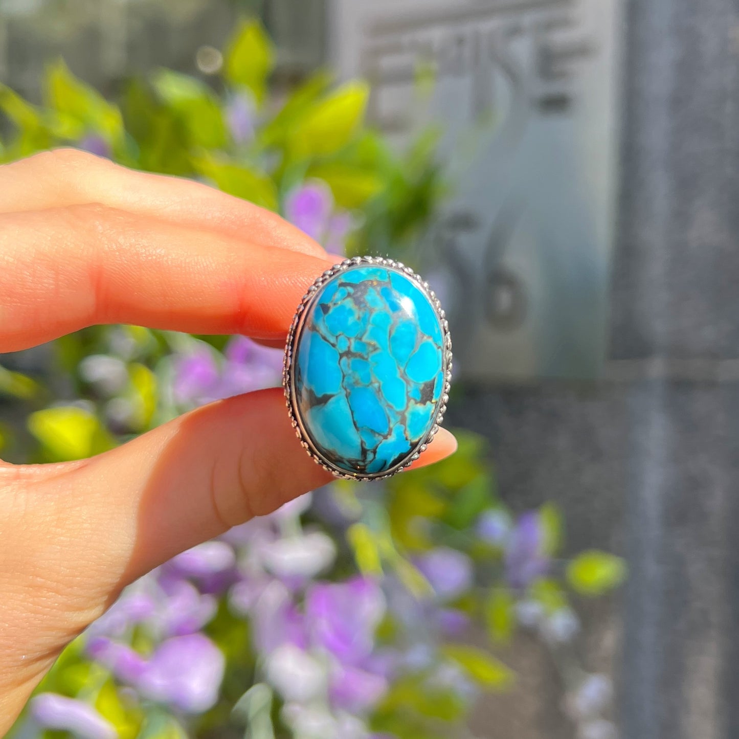 Chunky Sterling Silver Blue Turquoise Boho Ring - Size R