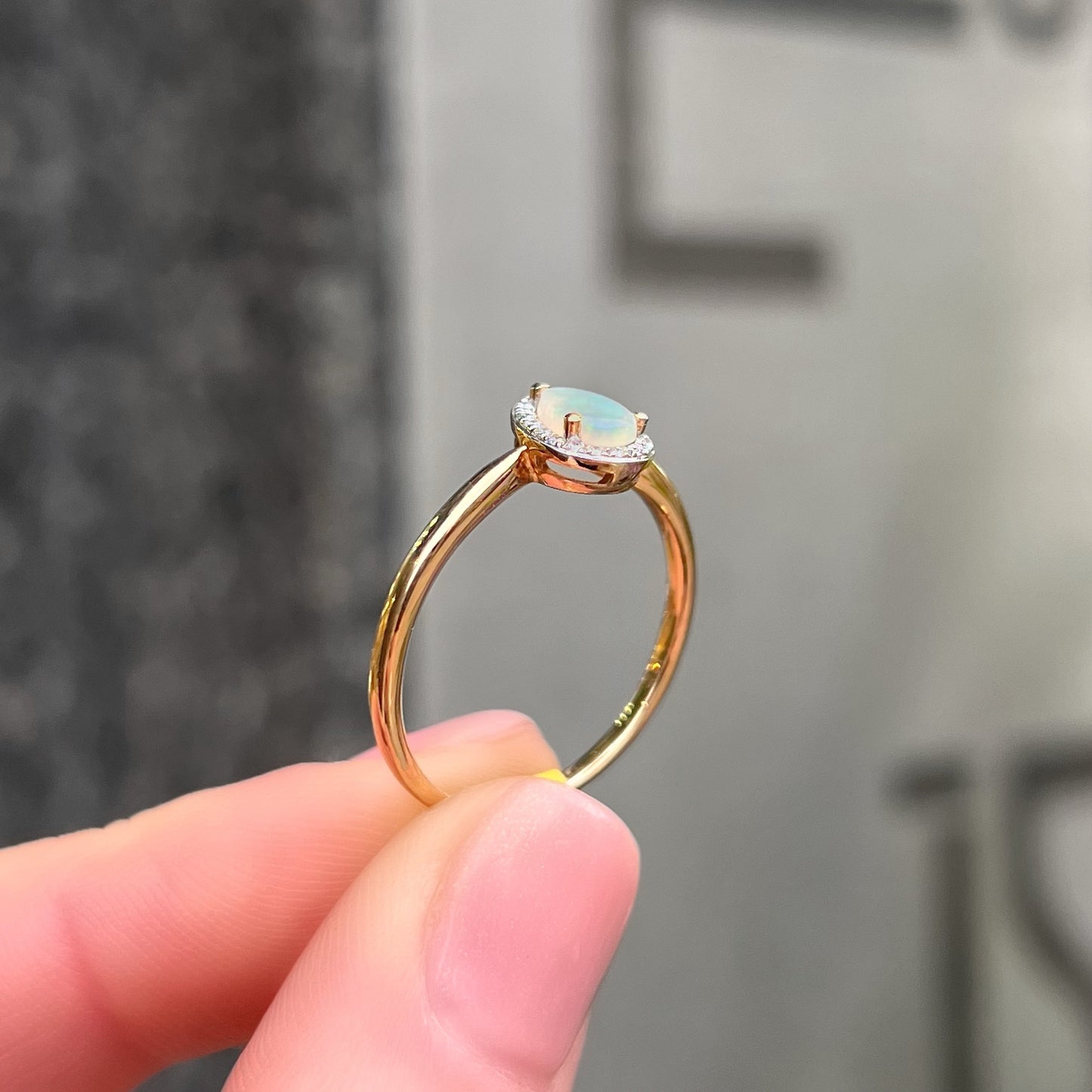 Dainty Sweet 9ct Yellow Gold Opal and Diamond Pear Shaped Halo Ring - Size O