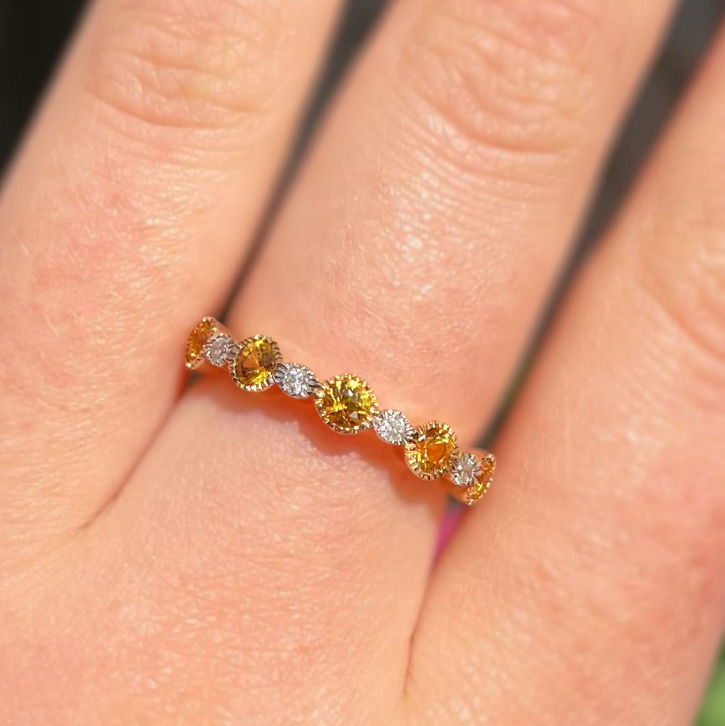 Unique 9ct Yellow Gold Yellow Sapphire and Diamond Half Eternity Ring - Size N