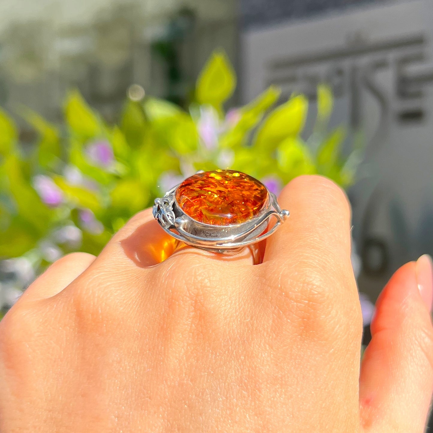 Super Chunky Sterling Silver Orange Amber Ring - Size P