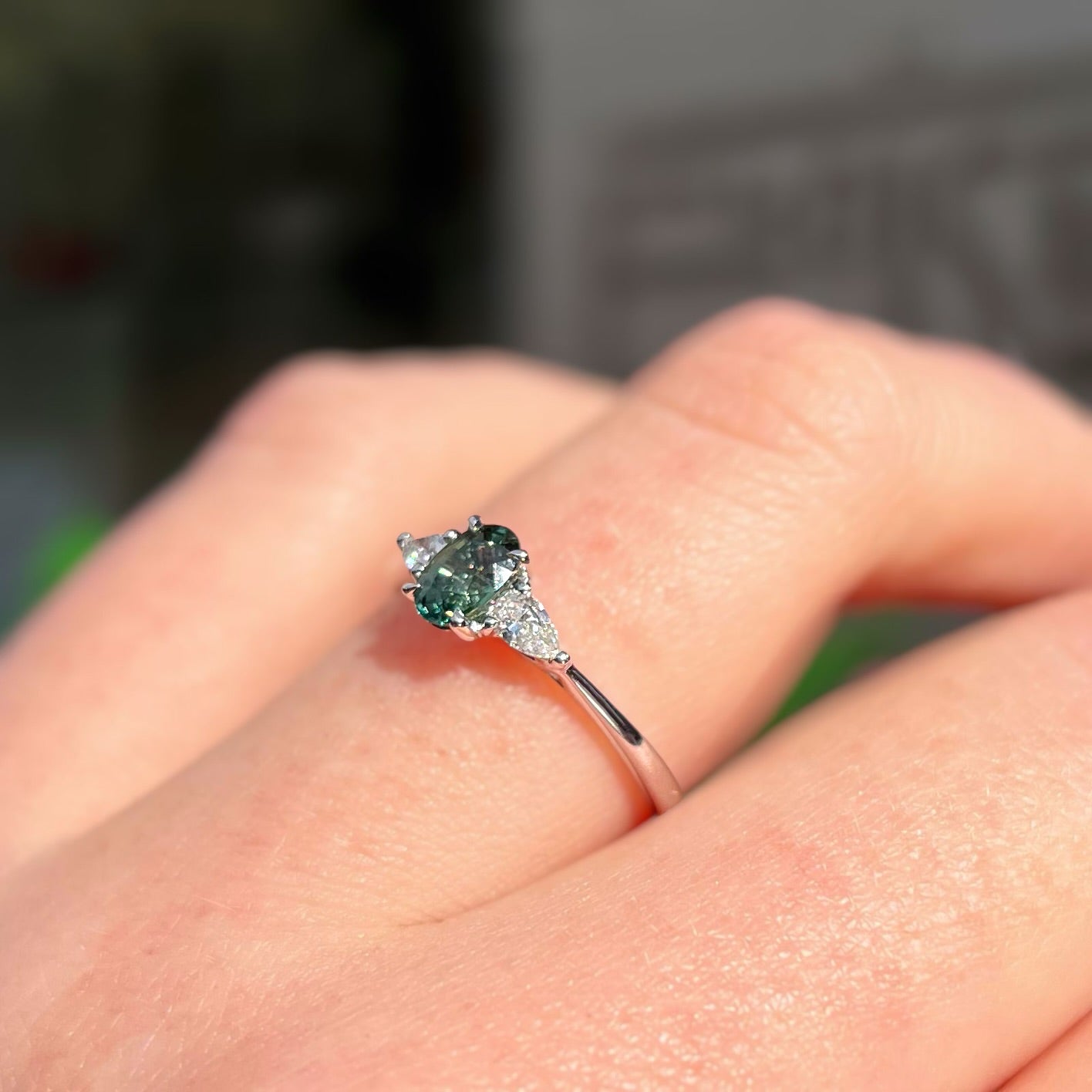 Classic Platinum Green Sapphire and Diamond Trilogy Ring - Size M 1/2