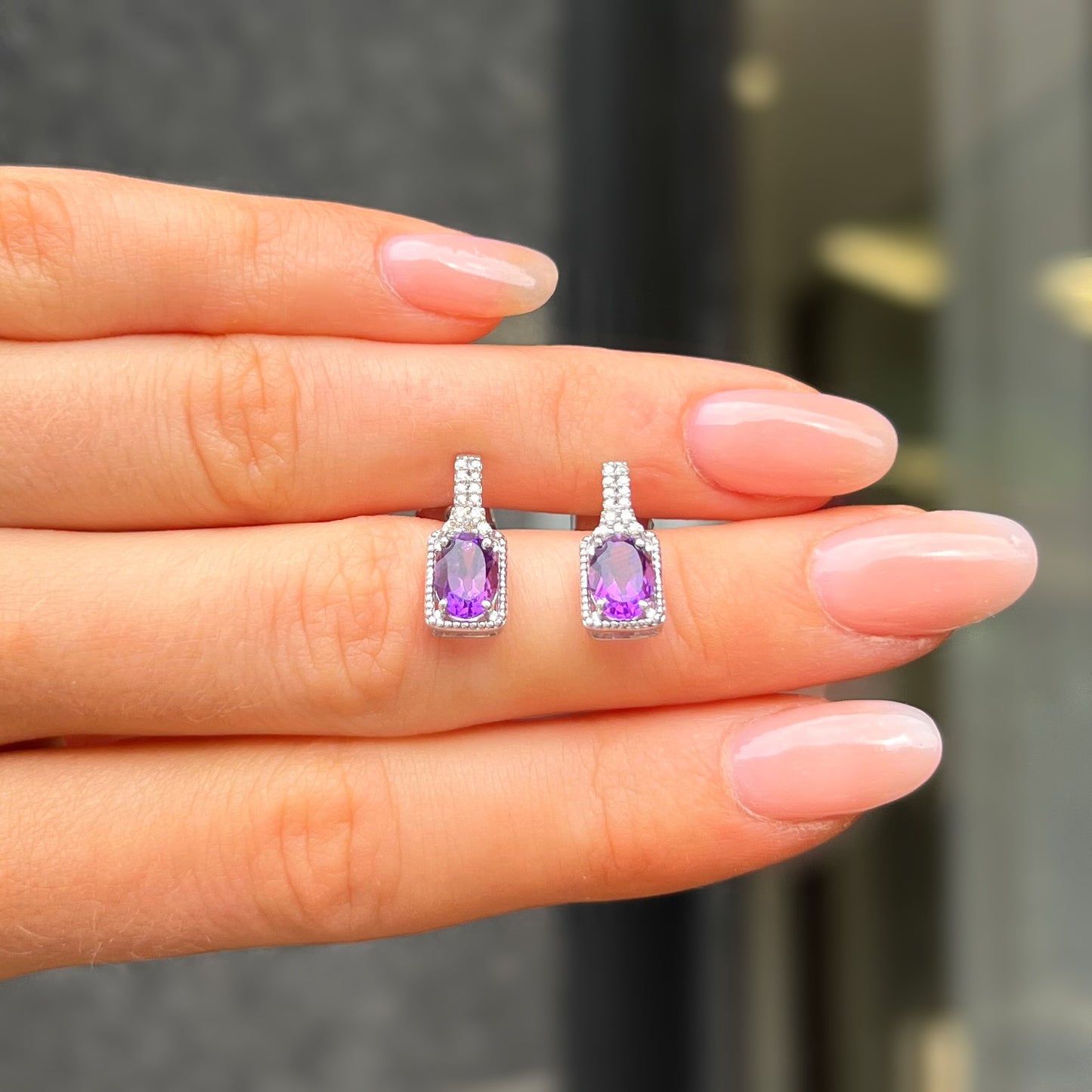 9ct White Gold Purple Amethyst & Diamond Stud Earrings