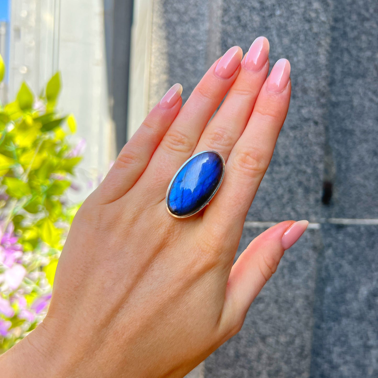Chunky Sterling Silver Dark Blue Labradorite Ring - Adjustable Size