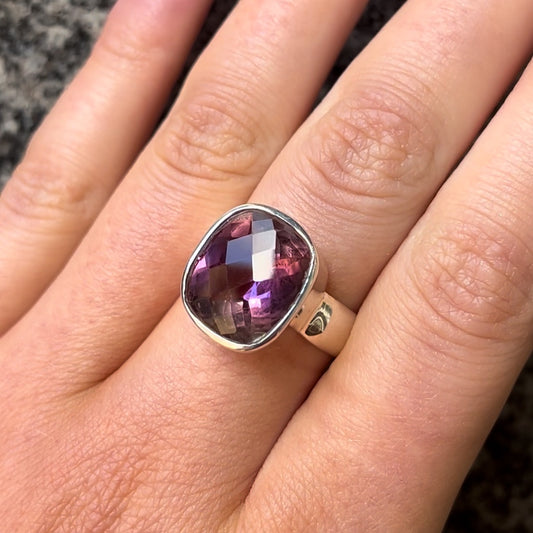 Sterling Silver Chunky Statement Checkerboard Amethyst Ring - Size N