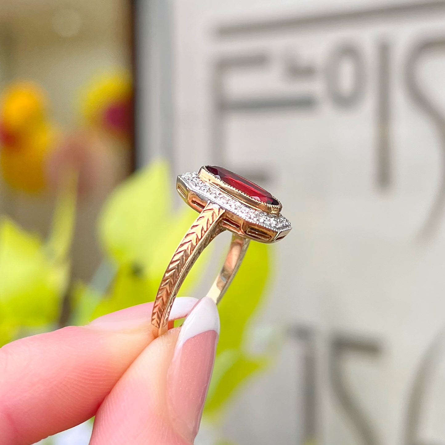 The Anna Ring - Art Deco Inspired 9ct Yellow Gold, Red Garnet and Diamond Ring Size L ½