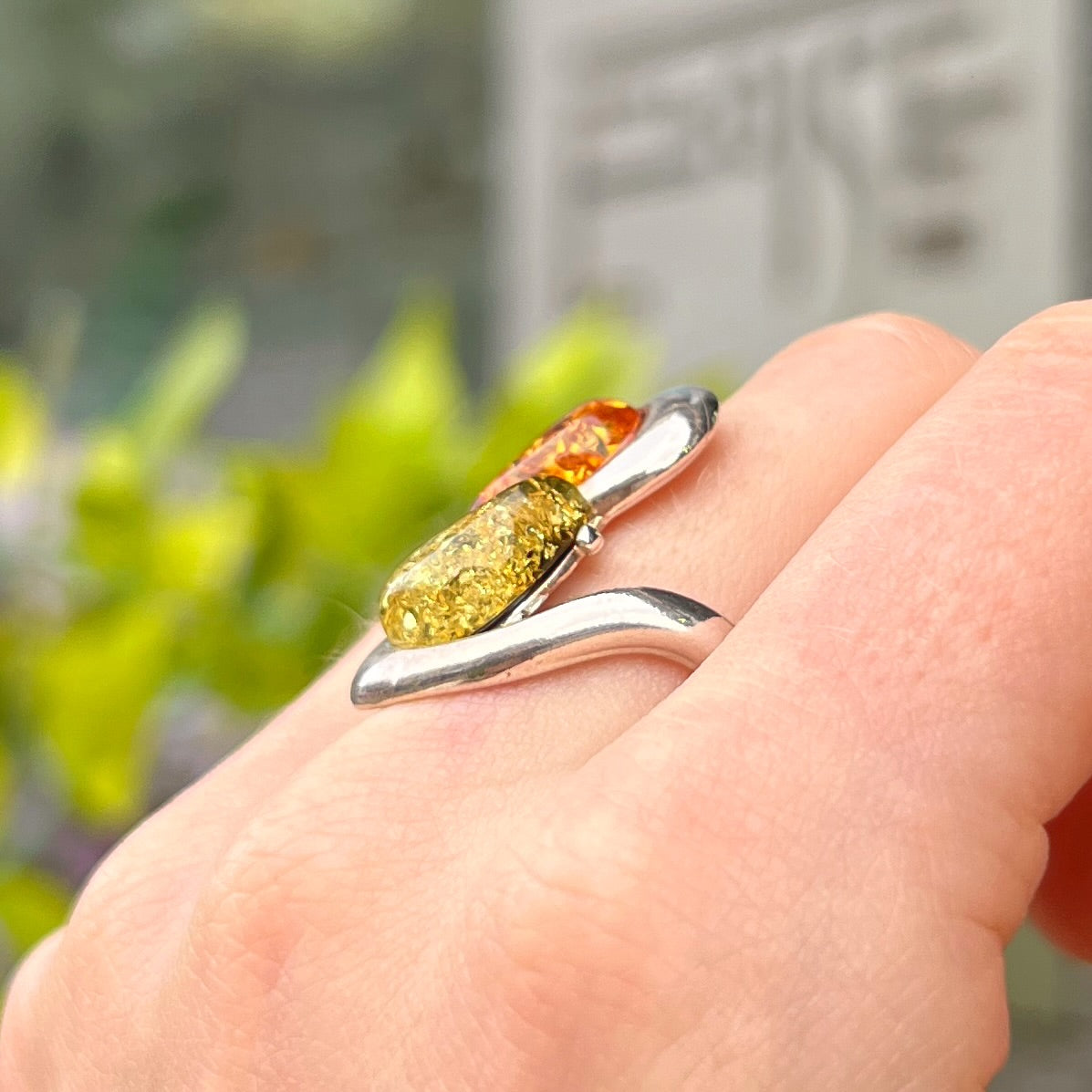 Sterling Silver Green & Orange Amber Twist Ring - Size M