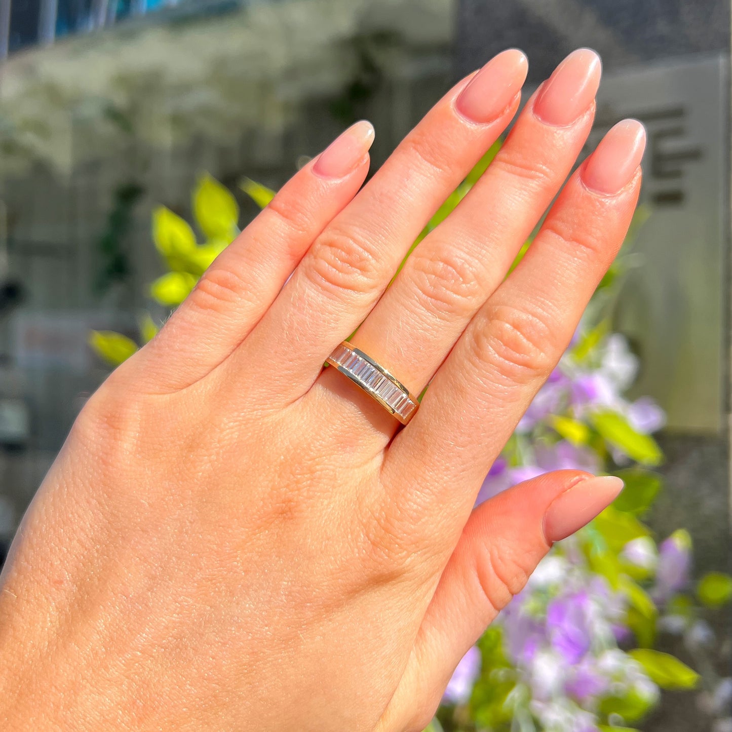 9ct Yellow Gold Baguette Cut Tension Set Cubic Zirconia Band Ring - Size N ½