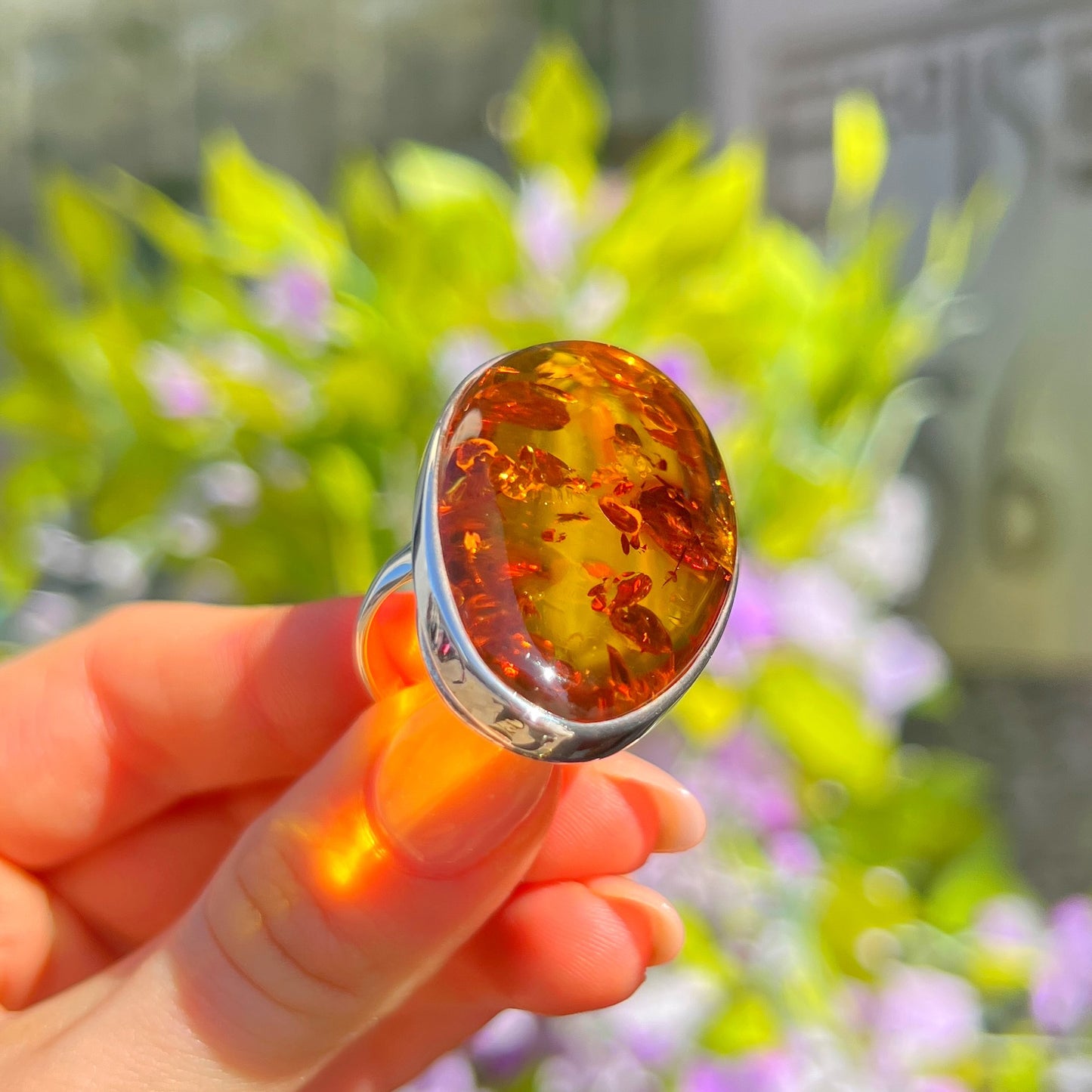 Super Chunky Sterling Silver Orange Amber Ring - Size U