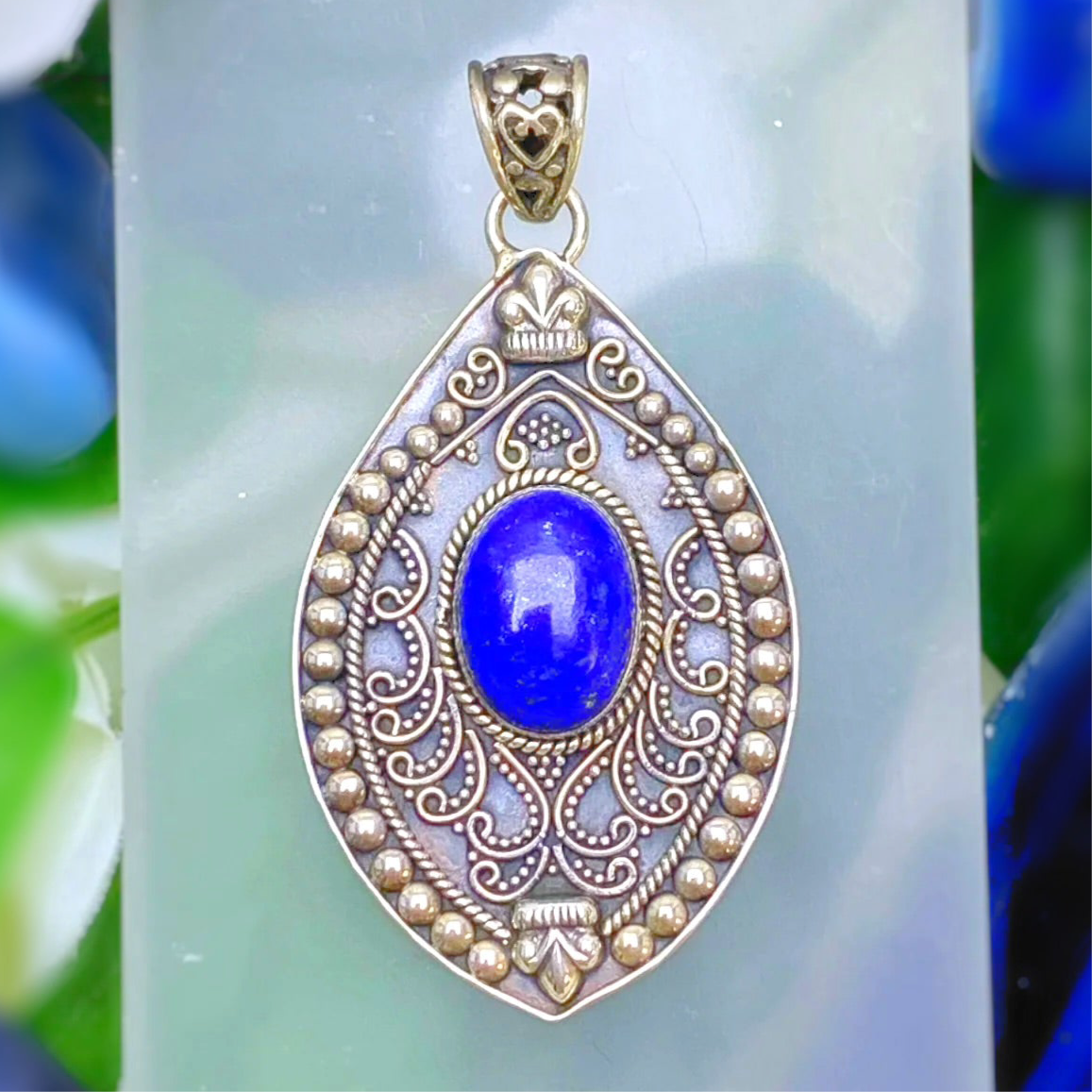 Statement Oxidised Sterling Silver Filigree Blue Lapis Lazuli Pendant