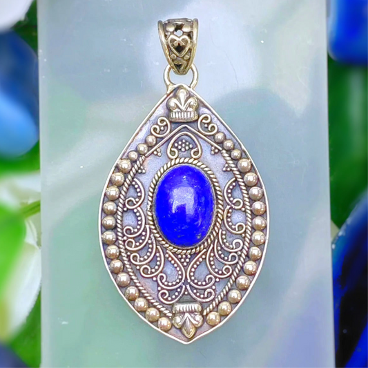 Statement Oxidised Sterling Silver Filigree Blue Lapis Lazuli Pendant