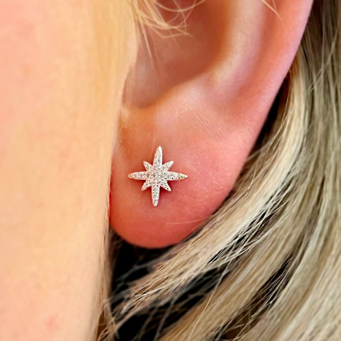 Cubic Zirconia Sterling Silver North Star Stud Earrings