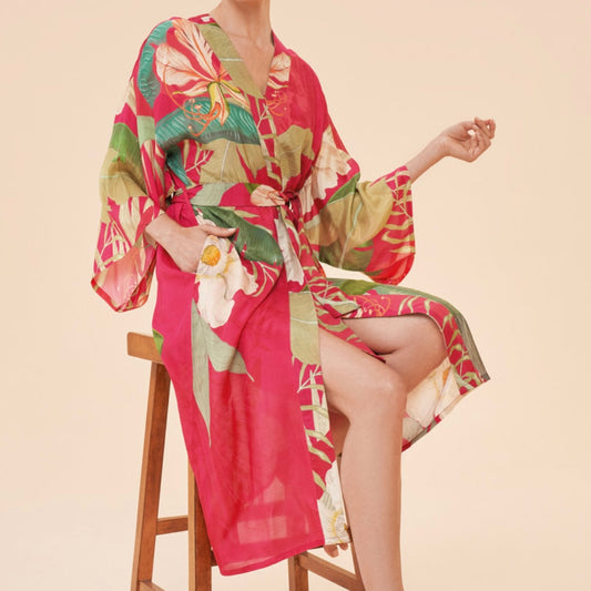 Powder Accessories Pink Floral Tropical Print Long Kimono Gown