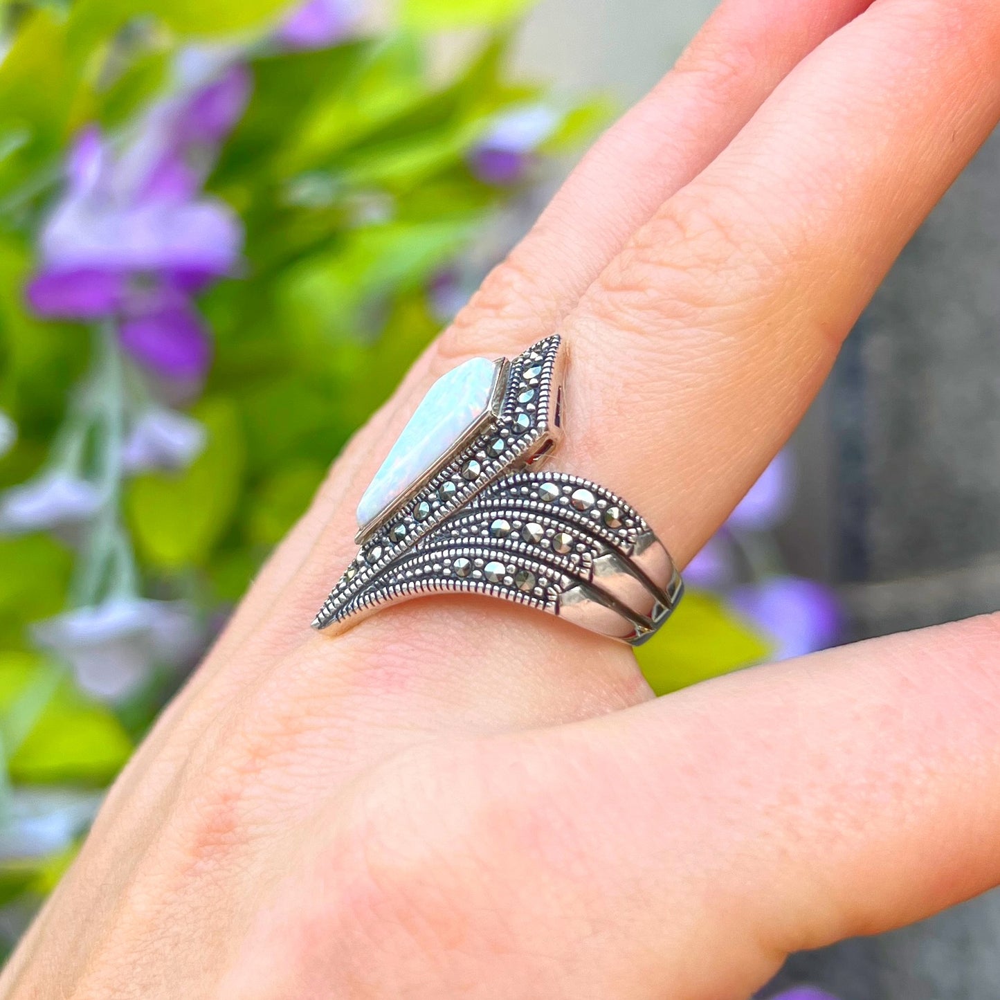Unique Sterling Silver Opal & Marcasite Ring - Size M