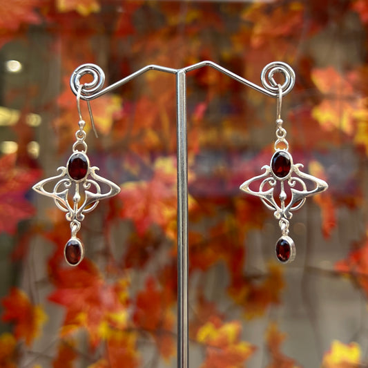 Red Garnet Sterling Silver Art Nouveau inspired Drop Earrings