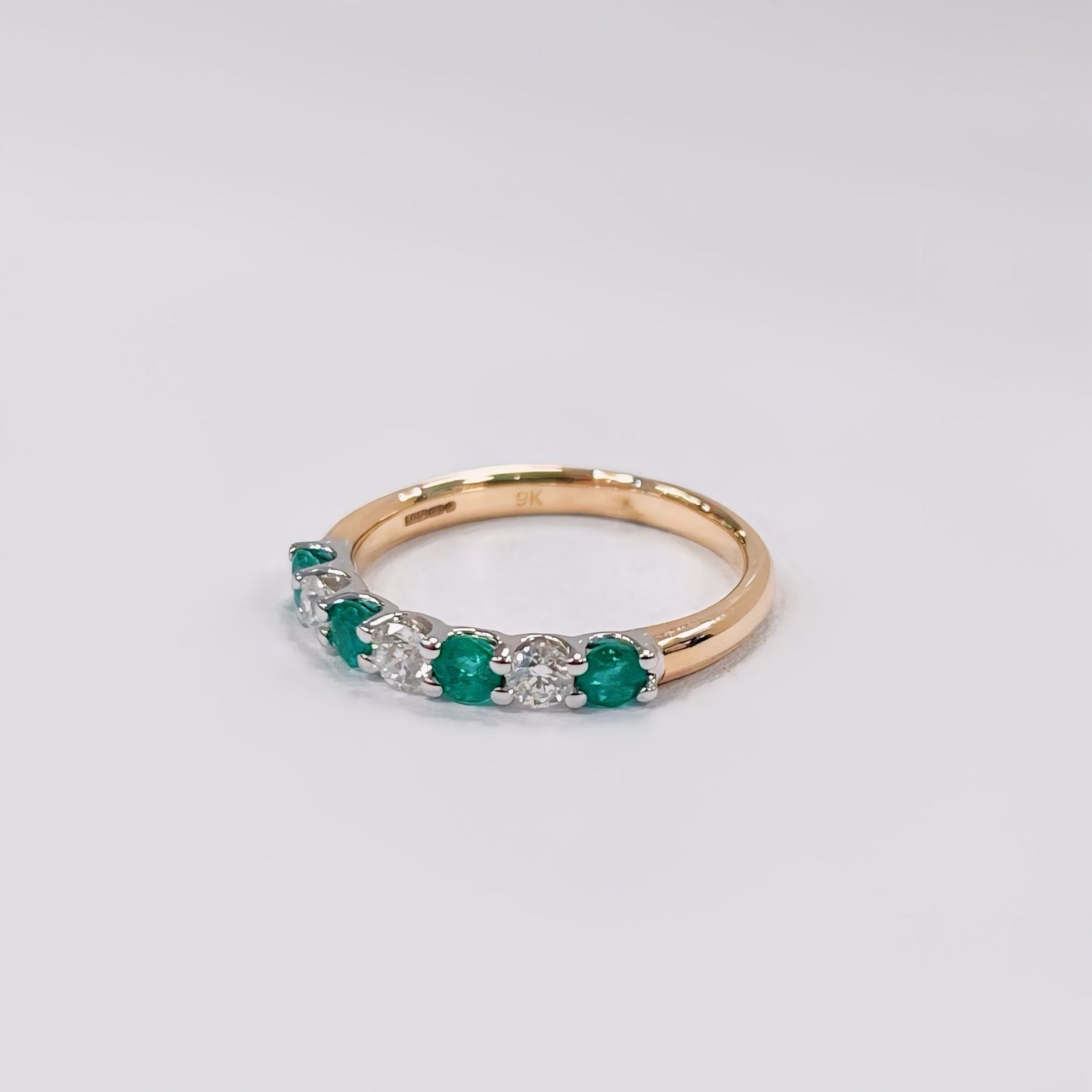 9ct Yellow Gold Green Emerald and Diamond Dainty Eternity Ring - Size O