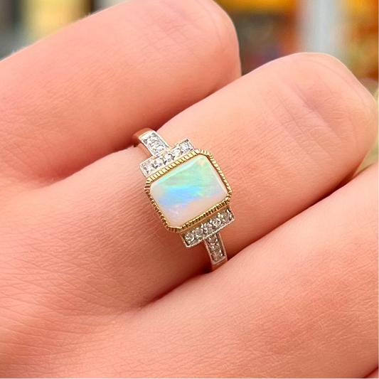 The Opalina Ring - Structured Designer Inspired 9ct Yellow Gold Opal and Diamonds Size K