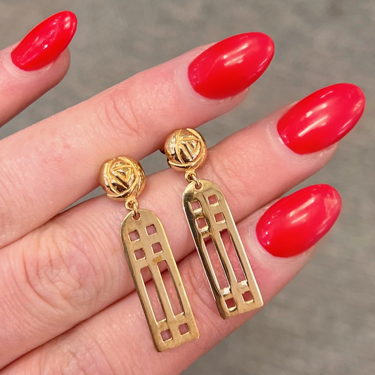 Vintage 9ct Yellow Gold Charles Rennie Mackintosh Inspired Panel Drop Earrings