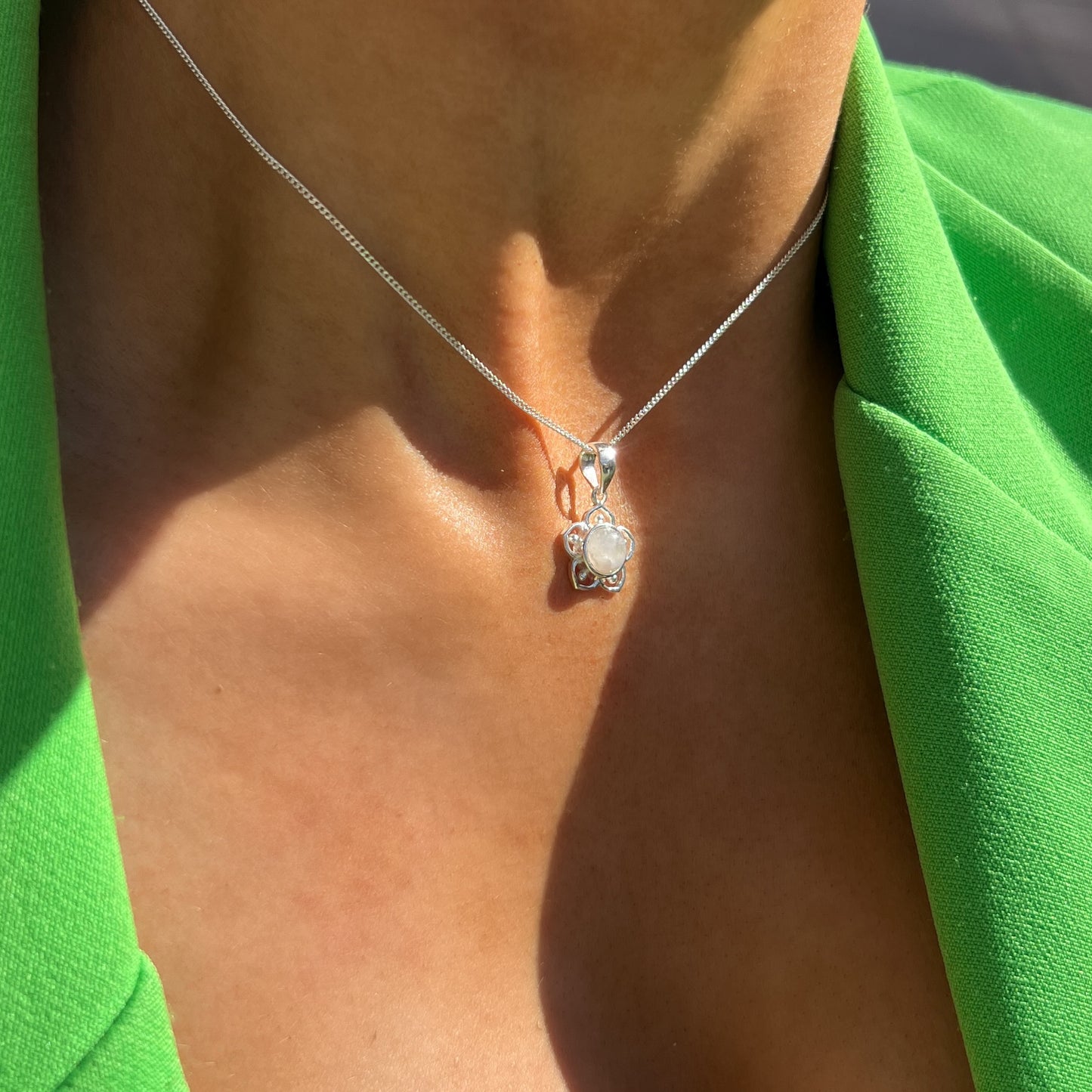 Dainty Flower Sterling Silver Rainbow Moonstone Necklace