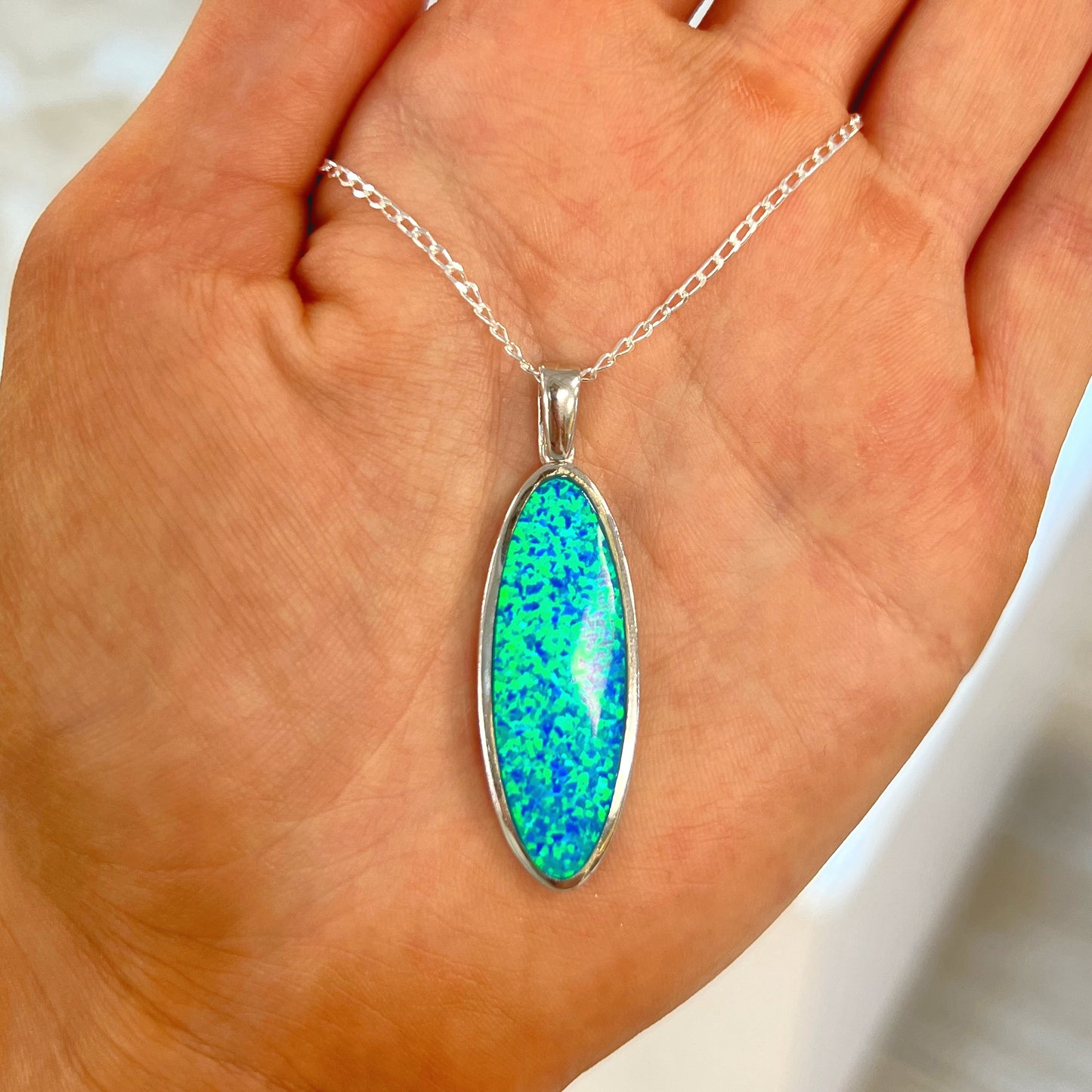 Iridescent Blue Opal Sterling Silver Necklace