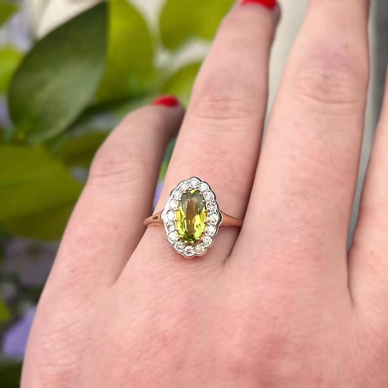 Edwardian Reproduction 9ct Yellow Gold Oval Peridot and Diamond Ring - Size O 1/2