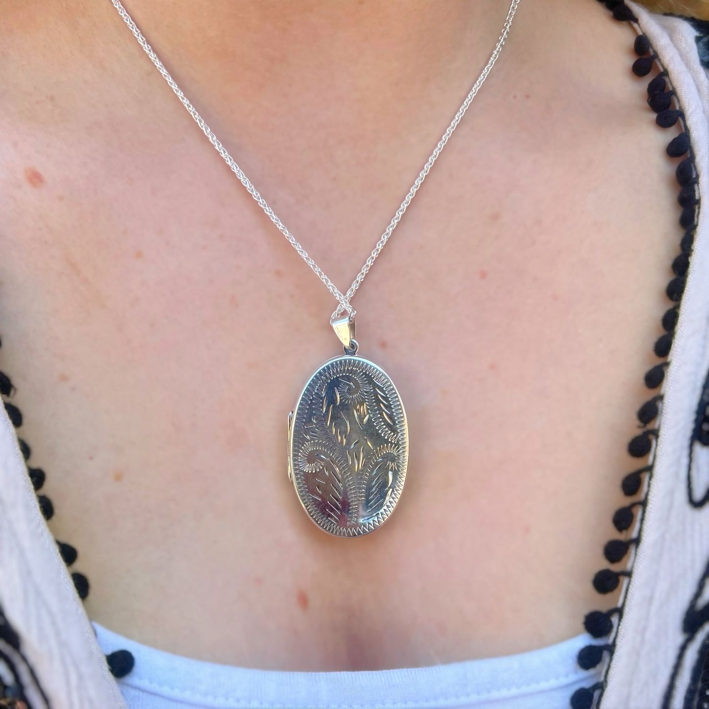 Large Sterling Silver Double-Sided Engraved Oval Locket