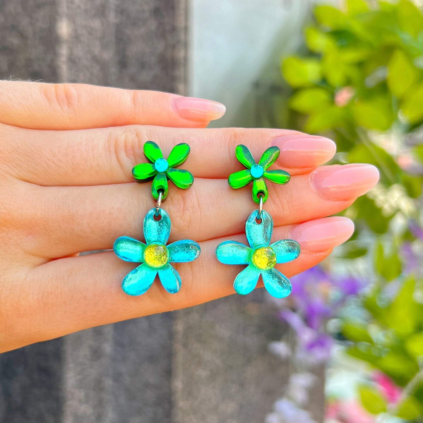 ‘Watch This Space’ Green & Blue Flower Earrings