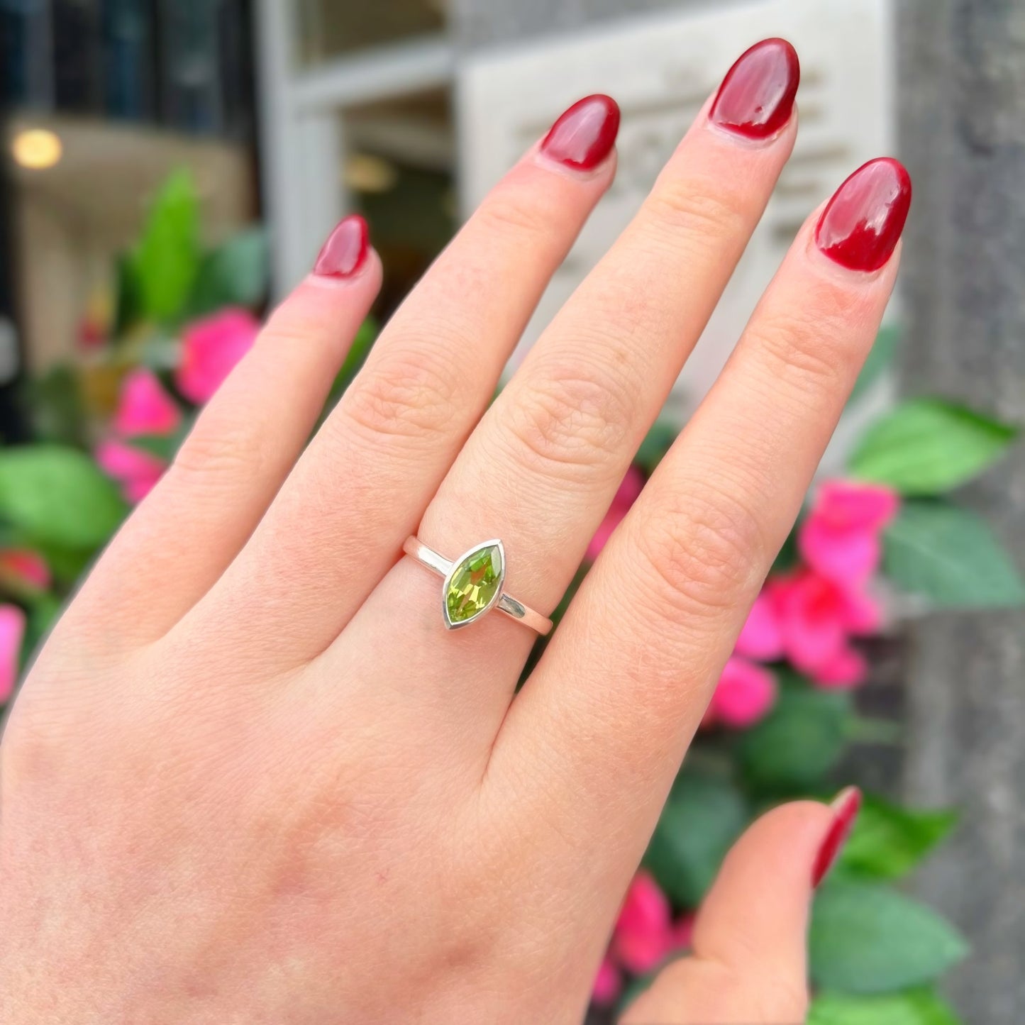 Minimalist Sterling Silver Bezel Set Marquise Peridot Solitaire Ring