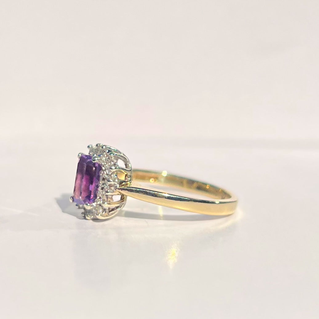 Timeless Vintage 9ct Yellow Gold Emerald Cut Amethyst and Diamond Halo Cluster Ring - Size K