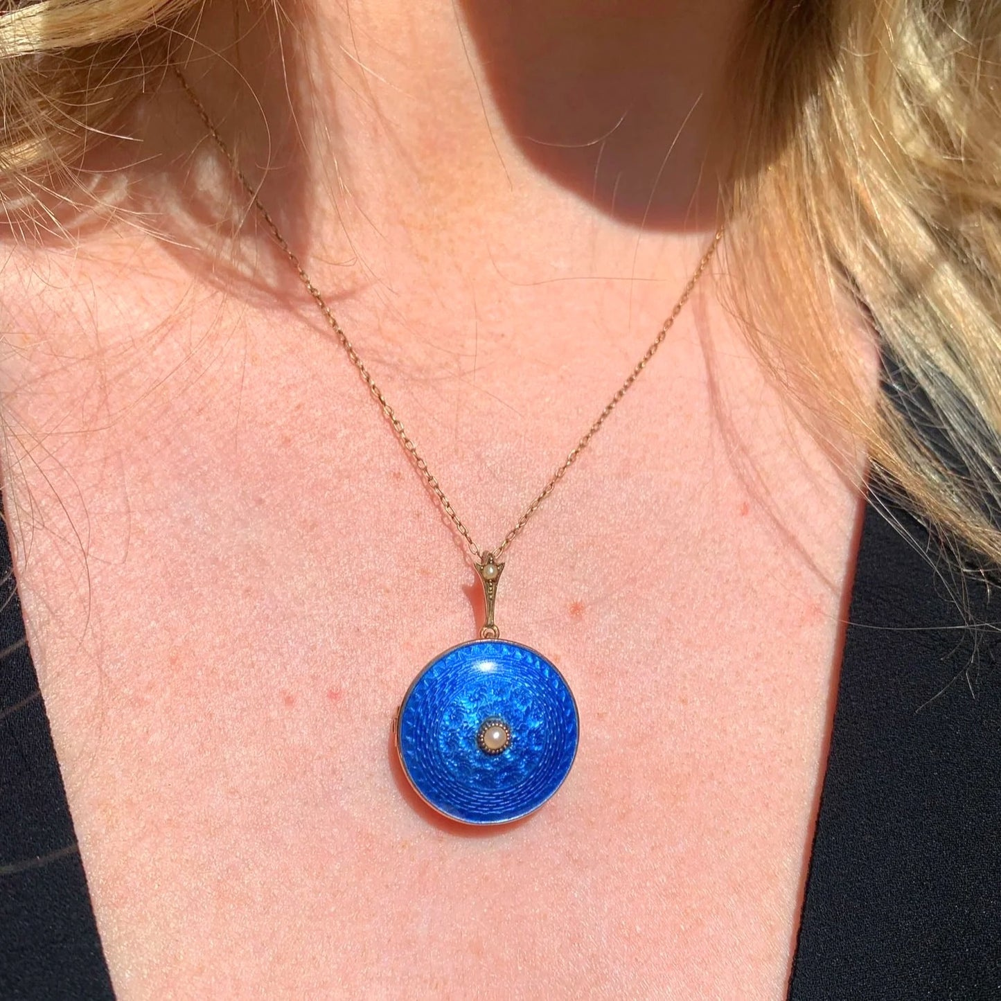 Antique 9ct Rose Gold Blue Enamel and Pearl (Brooch Back) Necklace