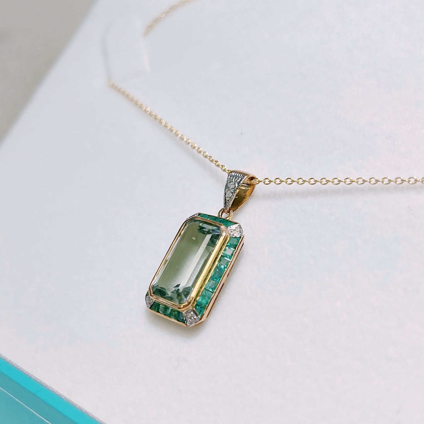 Art Deco Inspired 9ct Yellow Gold Green Amethyst and Emerald Necklace