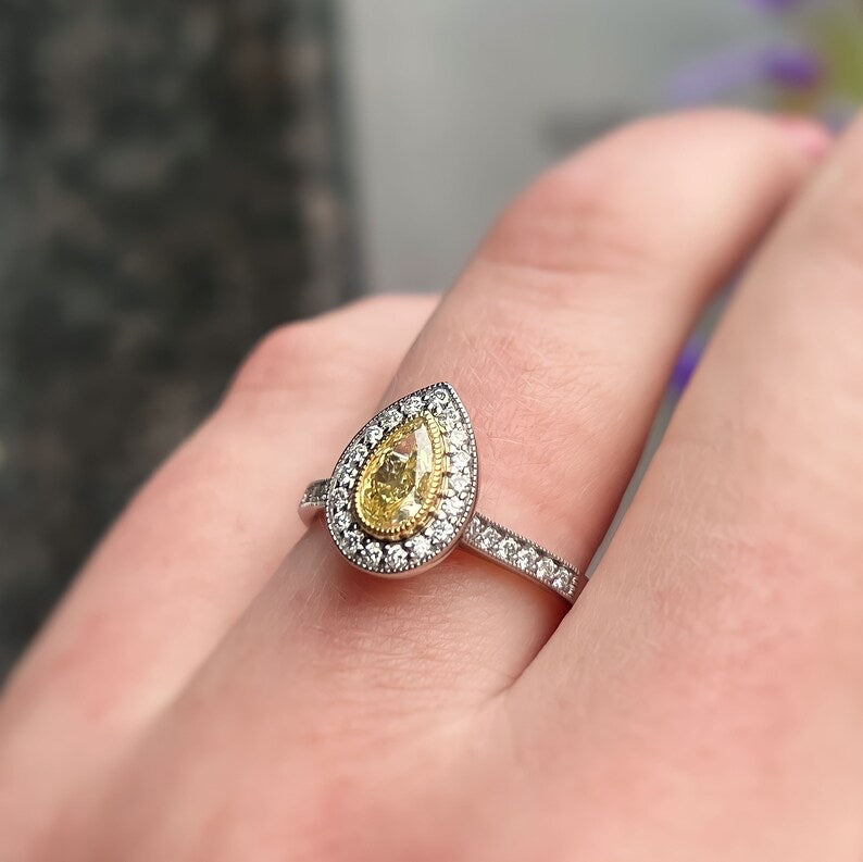 Platinum Canary Yellow Diamond Pear Halo Ring