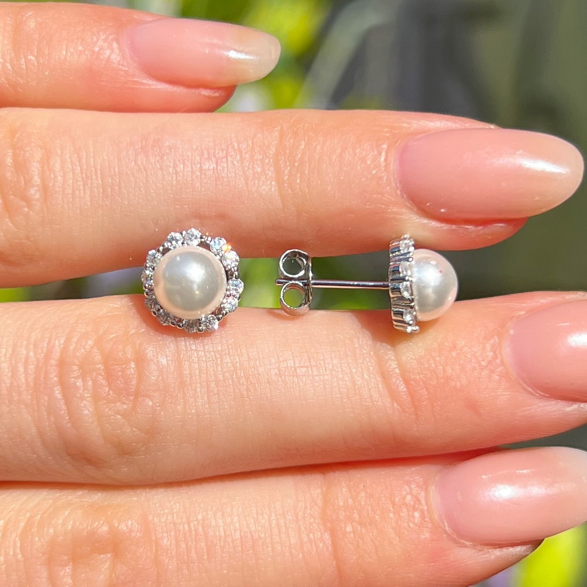 Pearl & Cubic Zirconia Halo Sterling Silver Stud Earrings