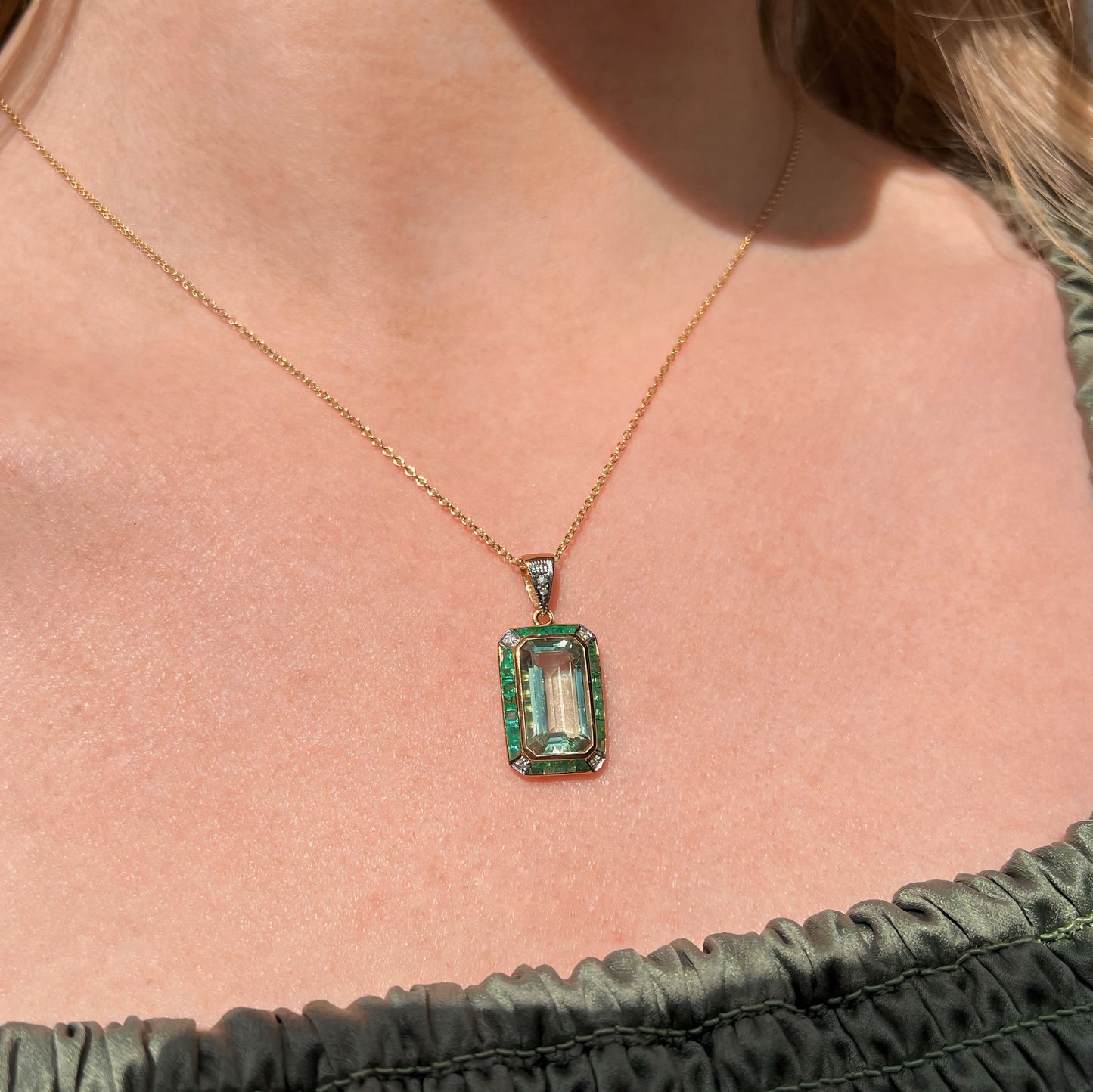 Art Deco Inspired 9ct Yellow Gold Green Amethyst and Emerald Necklace