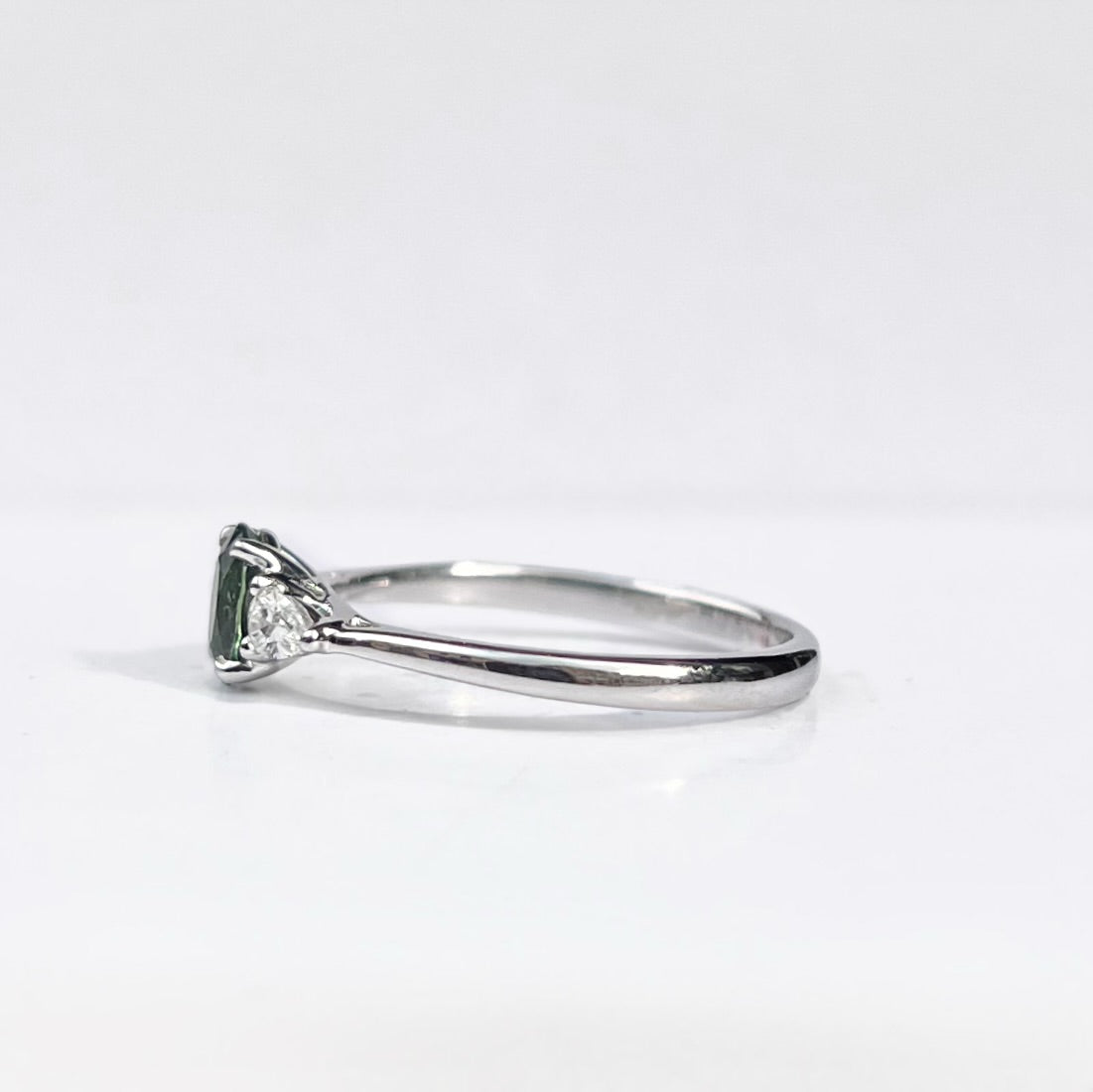 Classic Platinum Green Sapphire and Diamond Trilogy Ring - Size M 1/2